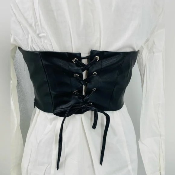 White Long Sleeve Mini Shirt Dress with Black Faux Leather Corset Belt - Picture 13 of 14